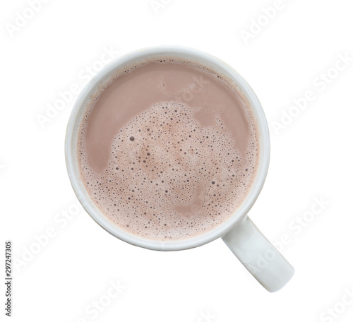 Delicious cocoa in cup on white background, top view