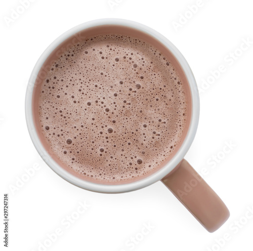 Delicious cocoa in beige cup on white background, top view