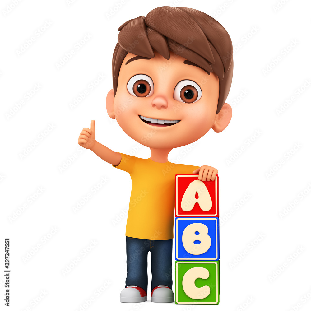 Cartoon character little boy with alphabet cubes on a white background. 3d  render illustration. Stock Illustration | Adobe Stock