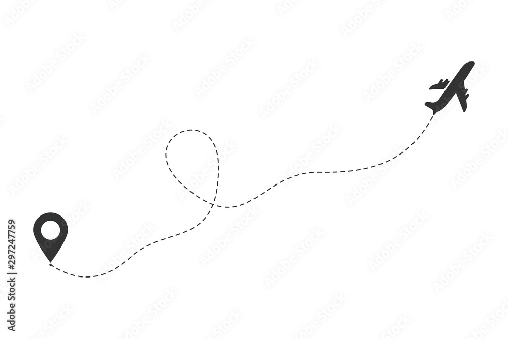 Fototapeta premium Airplane travel concept with map pins, GPS points. Flight start point concept or theme. Aircrafts and map pointer symbols vector illustration.