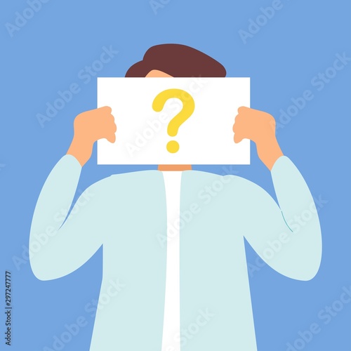 Anonymous man with question mark. Male person not identified by name, unknown faceless user, incognito with concealed profile, business secrecy or obscurity, blind date partner. Vector illustration