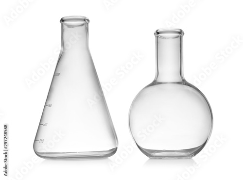 Set of empty laboratory glassware on white background