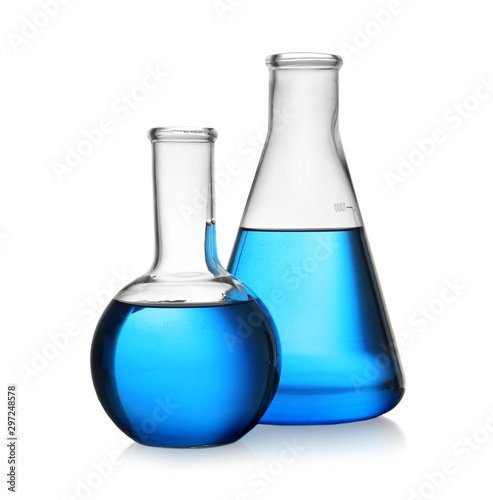 Florence and conical flasks with blue liquid on white background. Laboratory glassware