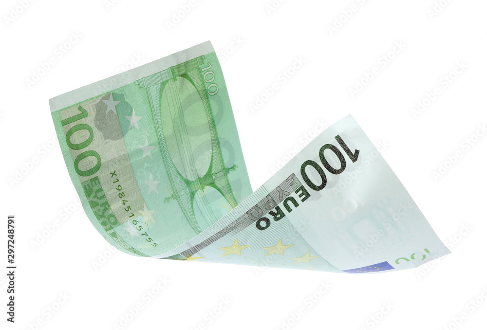 Flying one hundred Euro banknote isolated on white Flying one hundred Euro banknote isolated on white