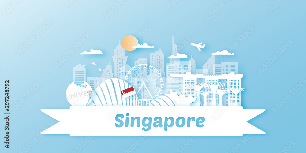 Singapore Travel postcard panorama, poster, tour advertising of world famous landmarks of Singapore in paper cut style.