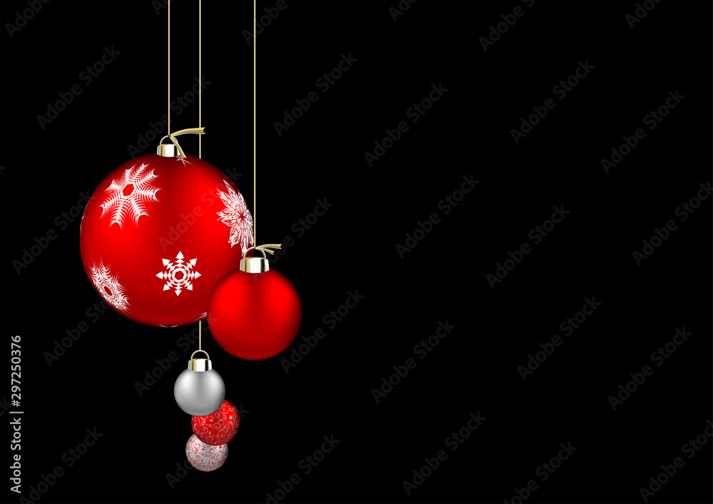 Christmas balls isolated on black background. Festive xmas and New Year  background decoration red and silver bauble with snowflakes, hanging on the  ribbon. Stock Vector | Adobe Stock