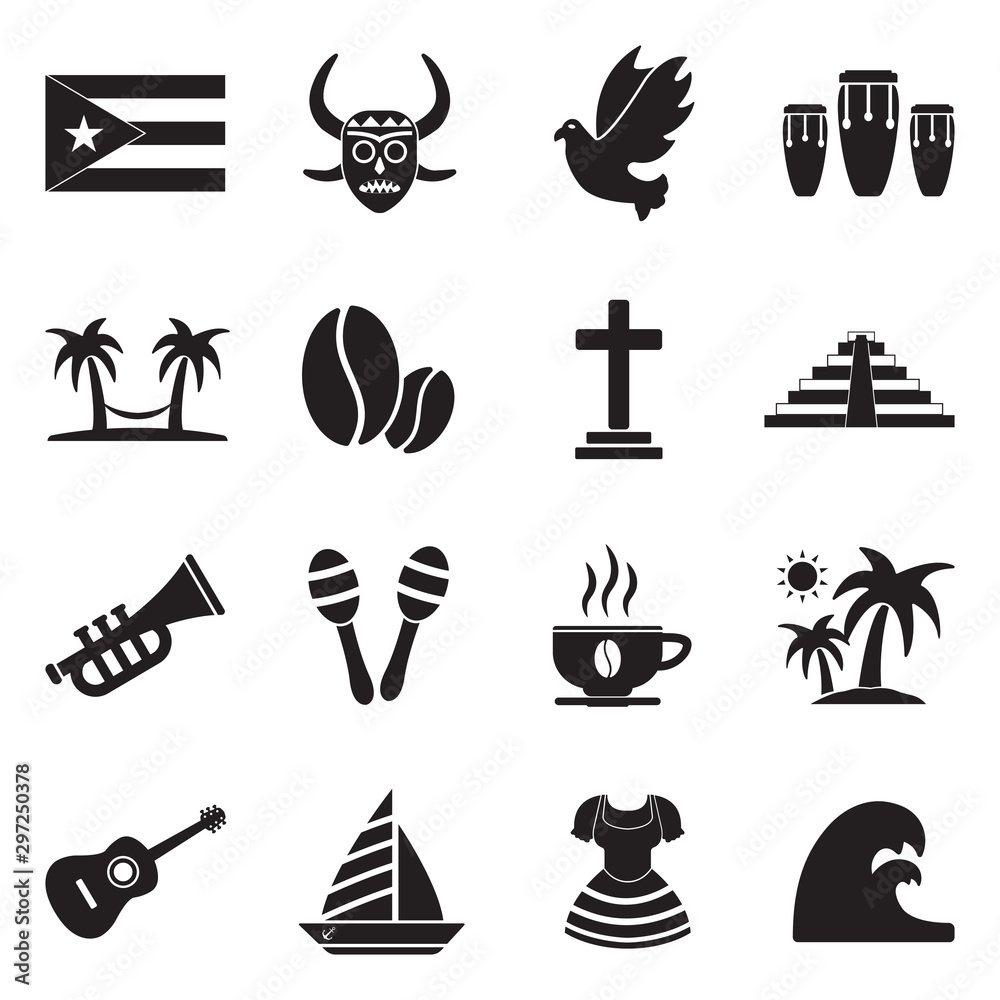 Puerto Rico Icons. Black Flat Design. Vector Illustration.