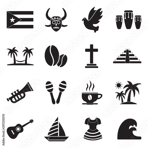 Puerto Rico Icons. Black Flat Design. Vector Illustration.