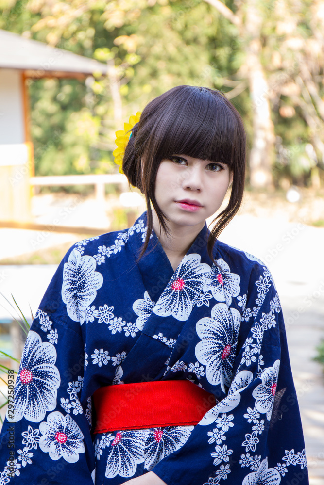 girl in japanese traditional casual summer costume kimono yukata