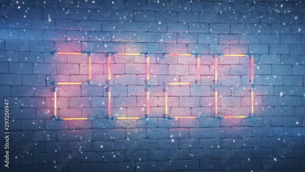 Neon text 2020 on brick wall and snowfall. Christmas New Year Celebration. Seamless loop 3D render animation