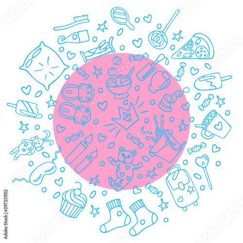 Pajama party linear concept in circle with thin line icons. Sleepover or slumber party objects in doodle style. For banners, invitation card, stickers, design. Cute hand drawn vector illustration