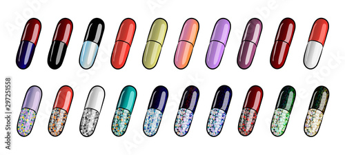 Cartoon pills vector set isolated,  various bright colors medicaments clipart