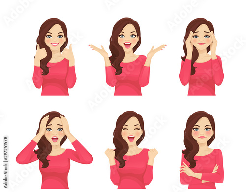 Set of young beautiful woman with different emotions. Facial expression with various gestures isolated vector illustration