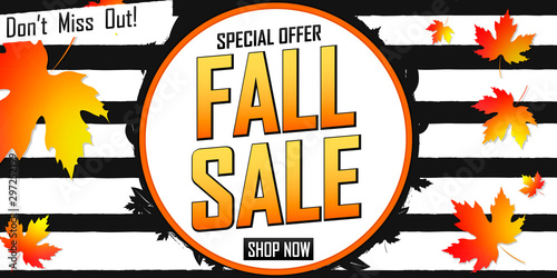 Fall Sale, horizontal poster design template, don’t miss out, Autumn discount web banner, vector illustration