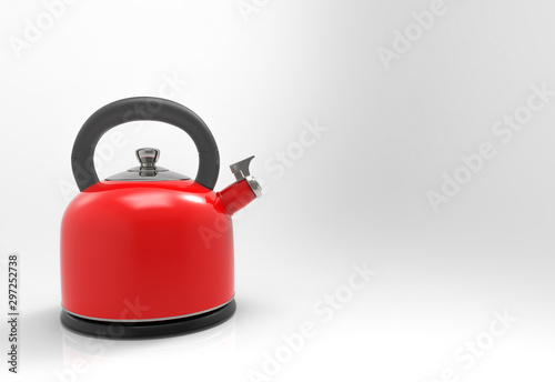 3d rendering. Red metal kettle teapot on gray background.