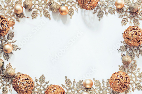 frame of christmas decorations on a white background, Christmas atmosphere concept