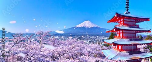 桜吹雪舞う新倉山浅間公園内の五重塔と富士山