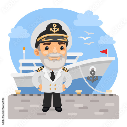 A cartoon smiling captain stands on the pier in front of the cruise ship. Composition with a professional man. Flat male character.