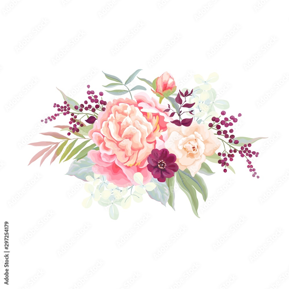 Flowers holiday bouquet with peony, rose, dahlia and hydrangea, leaves and branches. Vector floral illustration in vintage style on white background.