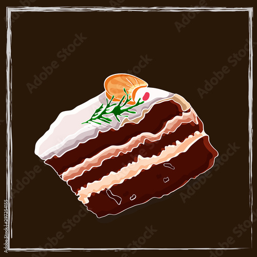 Sliced a bisquit cake with creamcheese, covered with a sugar glaze, on top of the cake the decor of slice of mandarine and red berries. Chalk board menu card.