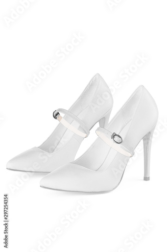 Object photo of a white leather high heels with white shoe straps on a middle of shoes. The photo was taken on a white background. 