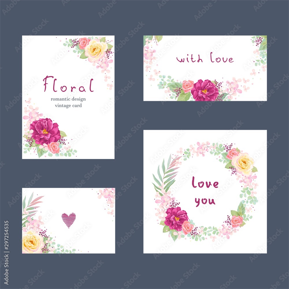 Set of floral romantic cards with roses, inflorescences hydrangea, leaves and branches. Wreath with flowers and foliage. Vector colorful illustration in vintage style on white background.