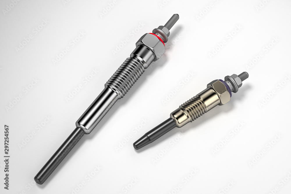 Two types of auto parts glow plug on a white background. Spare part for the car engine. 3d rendering
