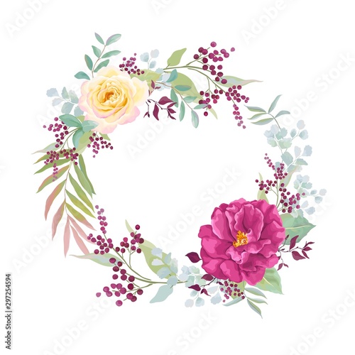 Flowers frame with yellow and purple roses, leaves, branches. Wedding vector floral illustration on white background. Invite template for your text in rustic style. © Nikole