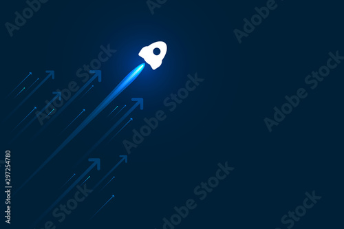 Up rocket and arrows on blue background illustration, copy space composition, business growth concept.