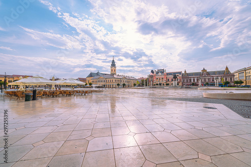 Panorama photo of aeuropean city, the historic center of Oraedea, Romania. Union square (Piata Unirii) with historical buildings.