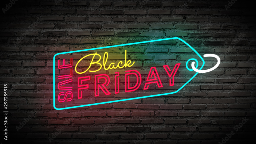 Black Friday label sale tag shiny neon lamps sign glow on black brick wall.  colorful sign board for Black Friday sale promotion and advertising Stock  Illustration | Adobe Stock