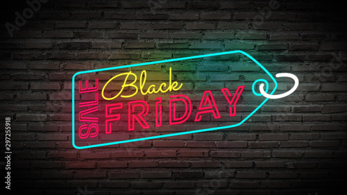 Black Friday label sale tag shiny neon lamps sign glow on black brick wall. colorful sign board for Black Friday sale promotion and advertising