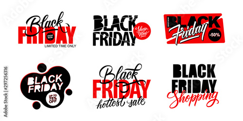 Black Friday Sale tags set with hand drawn lettering for business, black friday shopping, sale promotion, commerce and advertising. Vector illustration.