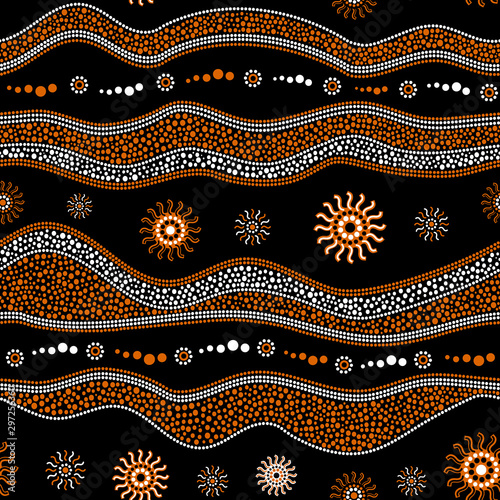Australian aboriginal art seamless vector pattern with dotted circles, rings, suns and crooked stripes