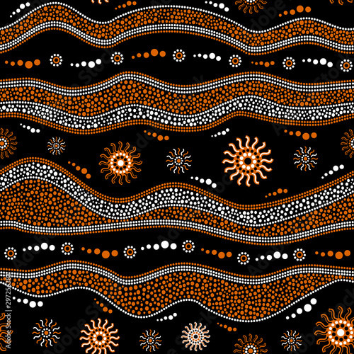 Australian aboriginal art seamless vector pattern with dotted circles, rings, suns and crooked stripes