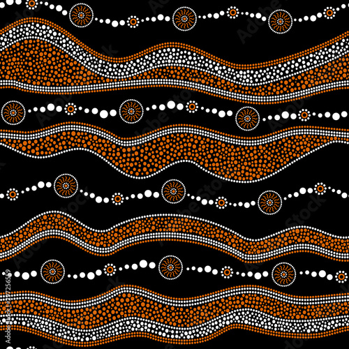 Australian aboriginal seamless vector pattern with dotted circles, rings, suns and crooked stripes