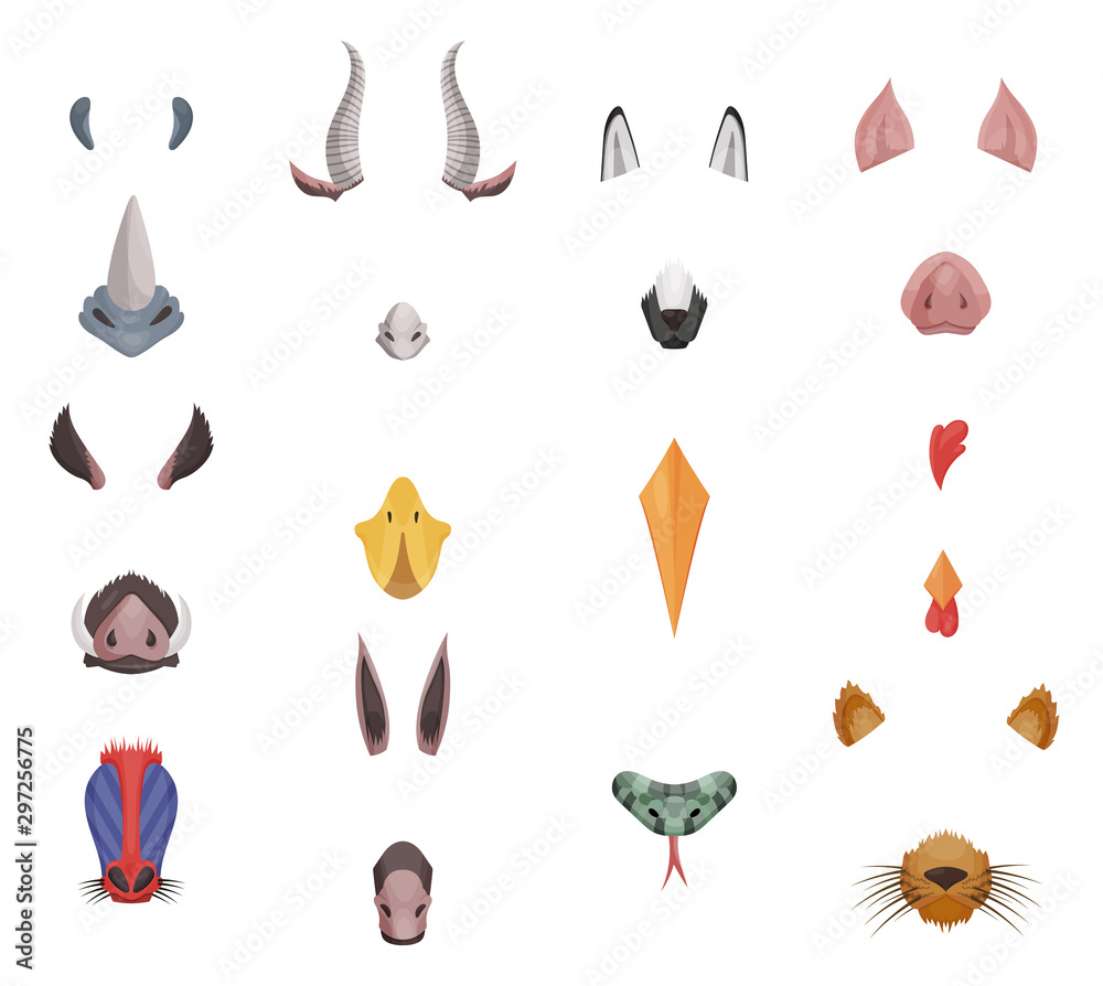 Animal face elements set. Animal ears and nose. Video chart filter effect  for selfie photo. Cartoon mask of rhino, goat, dog, pig, wild boar, duck,  heron, cock, baboon, monkey, donkey, snake. Stock