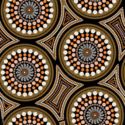 Australian aboriginal seamless vector pattern with dotted circles and crooked squares