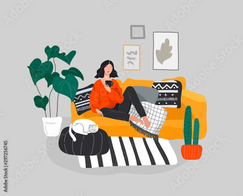 Girl girl sitting and resting on the couch with a cat and coffee. Daily life and everyday routine scene by young woman in scandinavian style cozy interior with homeplants. Cartoon vector