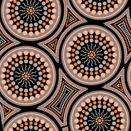 Australian aboriginal seamless vector pattern with dotted circles and crooked squares