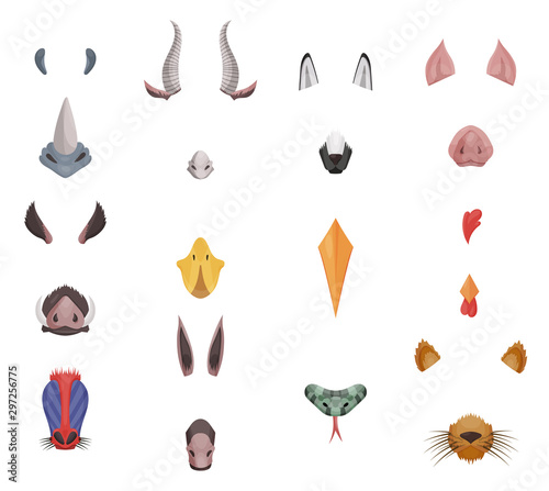 Animal face elements set. Animal ears and nose. Video chart filter effect for selfie photo. Cartoon mask of rhino, goat, dog, pig, wild boar, duck, heron, cock, baboon, monkey, donkey, snake.