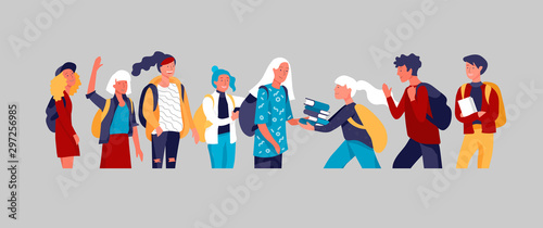 Happy teenagers and students. Group of friends character are laughing and talking. Stylish smiling teenage boys and girls. Young generation pupils