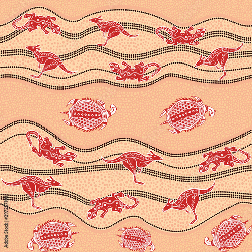 Australian aboriginal art seamless vector pattern with kangaroo, lizard, turtle and dotted crooked stripes
