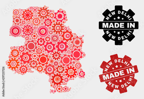 Mosaic technical New Delhi City map and scratched seal. Vector geographic abstraction in red colors. Mosaic of New Delhi City map combined of random wheel items. Red colored model for mechanic,