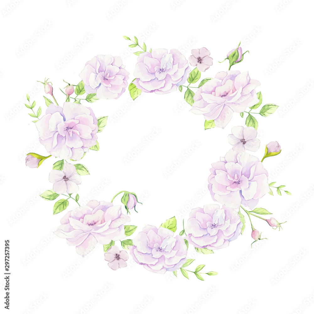Watercolor wreath of wild roses gently pink. Vector illustration