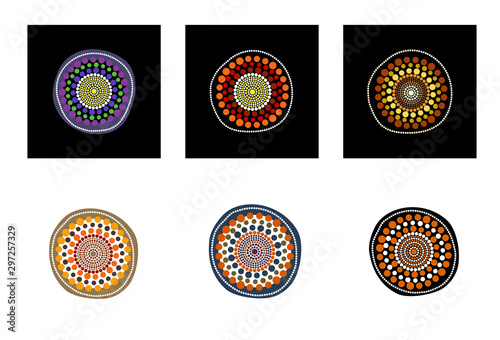 Set of aboriginal art vector icons including ethnic Australian motive with typical elements