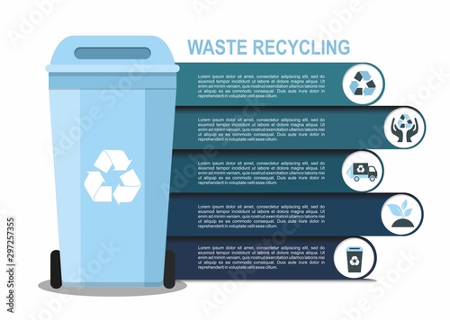 Rubbish bin for recycling different types of waste. Sort plastic, organic, e-waste, glass, paper. Vector Infographic