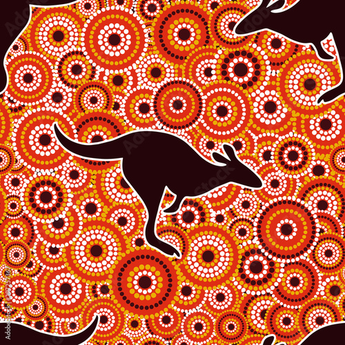 Australian aboriginal art seamless vector pattern with dotted circles and kangaroo