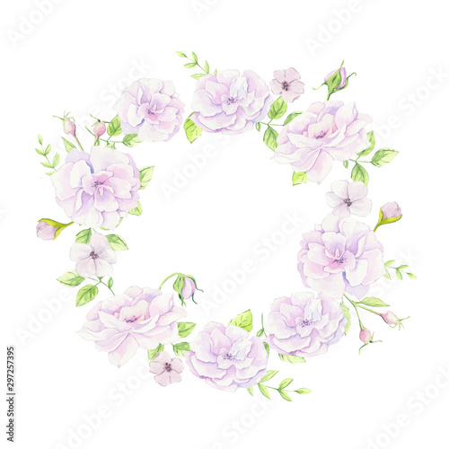 Watercolor wreath of wild roses gently pink. Vector illustration