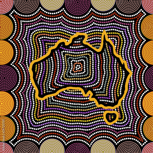 Australian aboriginal art seamless vector pattern with dotted circles, Australia map and crooked stripes on black background